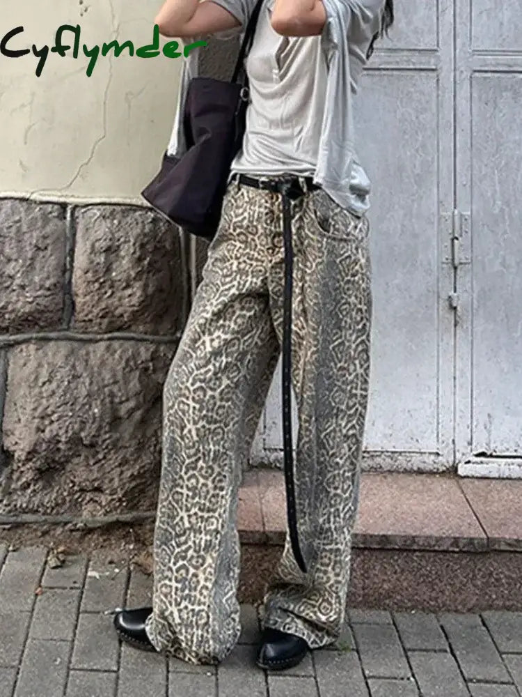 Cyflymder American Leopard Wash Jeans Women Y2K Vintage Stacked Beige High Street Oversized Waist