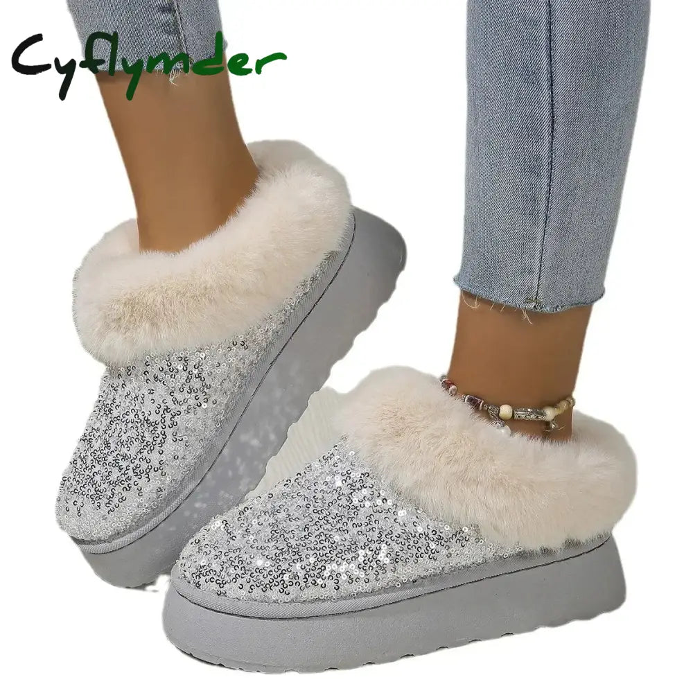 Cyflymder Ankle Snow Boots Women Winter New Fashion Shiny Fur Short Plush Warm Flats Slippers Platform Shoes Indoor