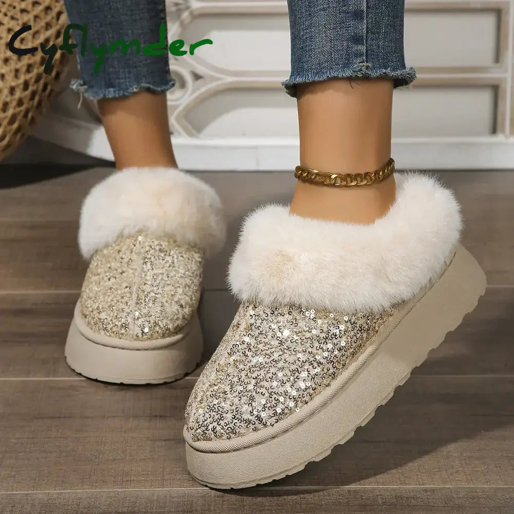 Cyflymder Ankle Snow Boots Women Winter New Fashion Shiny Fur Short Plush Warm Flats Slippers Platform Shoes Indoor