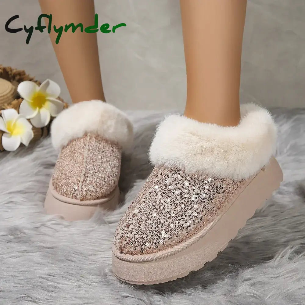 Cyflymder Ankle Snow Boots Women Winter New Fashion Shiny Fur Short Plush Warm Flats Slippers Platform Shoes Indoor
