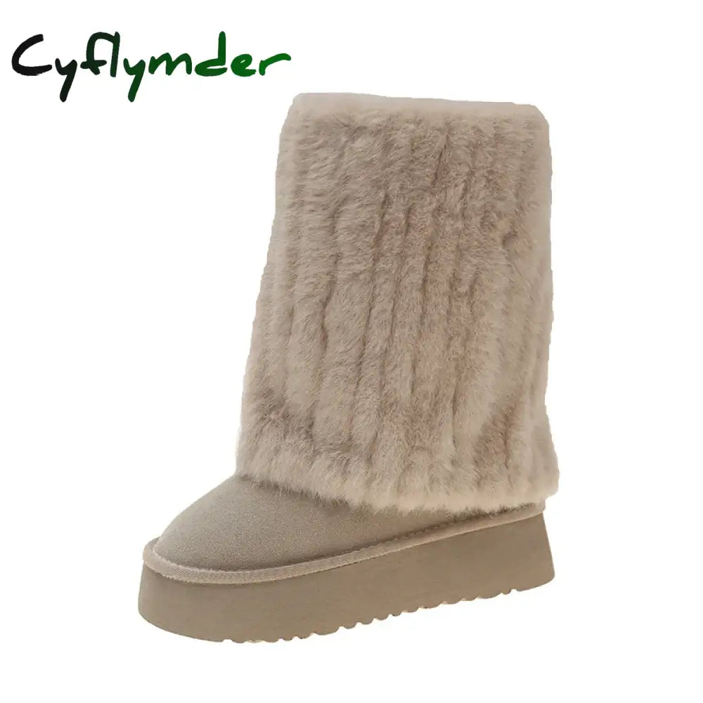 Cyflymder apres ski outfits Women’s Winter Snow Boots Outdoor Luxury Furry Faux Fox Fur Boots Woman Plush Warm Platform