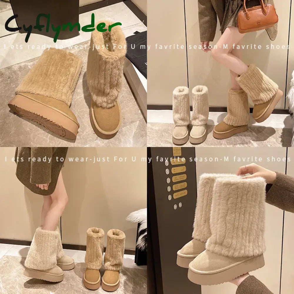Cyflymder apres ski outfits Women’s Winter Snow Boots Outdoor Luxury Furry Faux Fox Fur Boots Woman Plush Warm Platform