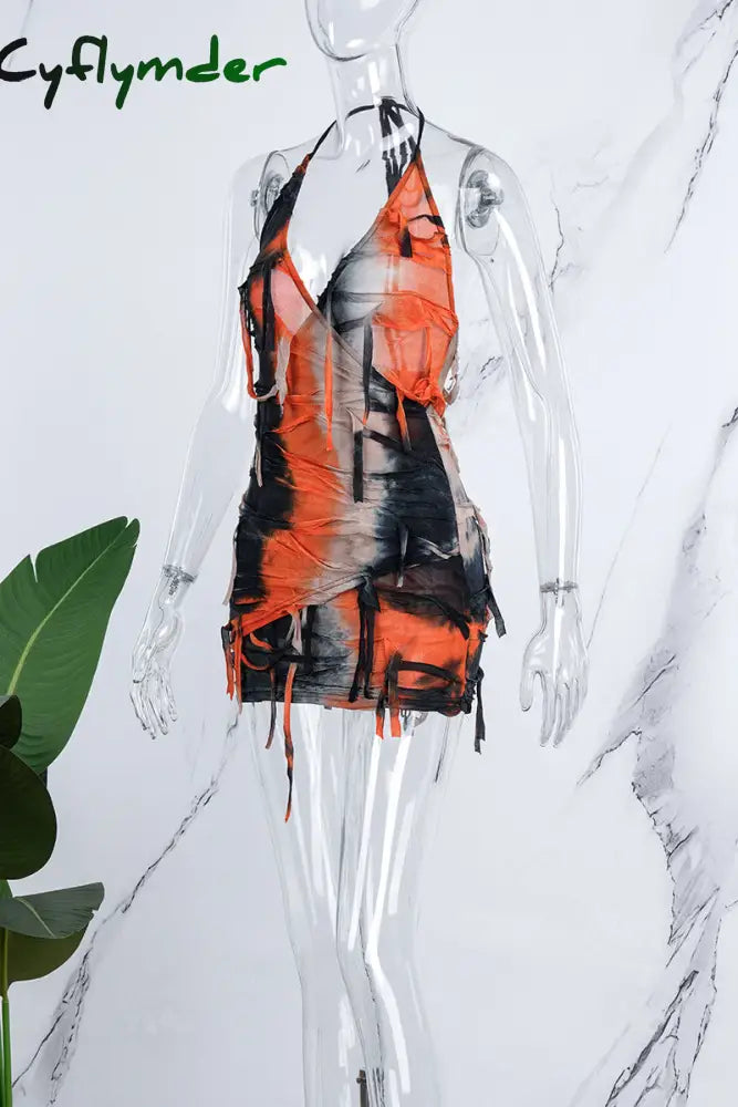 Cyflymder - Apricot Sexy Print Bandage Tie-Dye Backless Halter Sleeveless Dress Dresses
