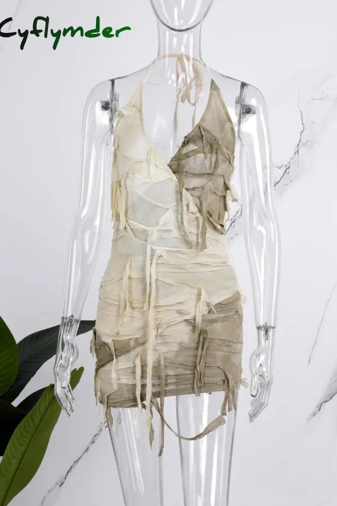 Cyflymder - Apricot Sexy Print Bandage Tie-Dye Backless Halter Sleeveless Dress Dresses