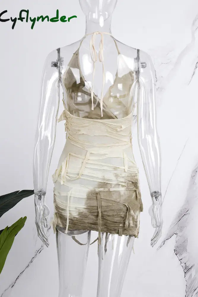 Cyflymder - Apricot Sexy Print Bandage Tie-Dye Backless Halter Sleeveless Dress Dresses