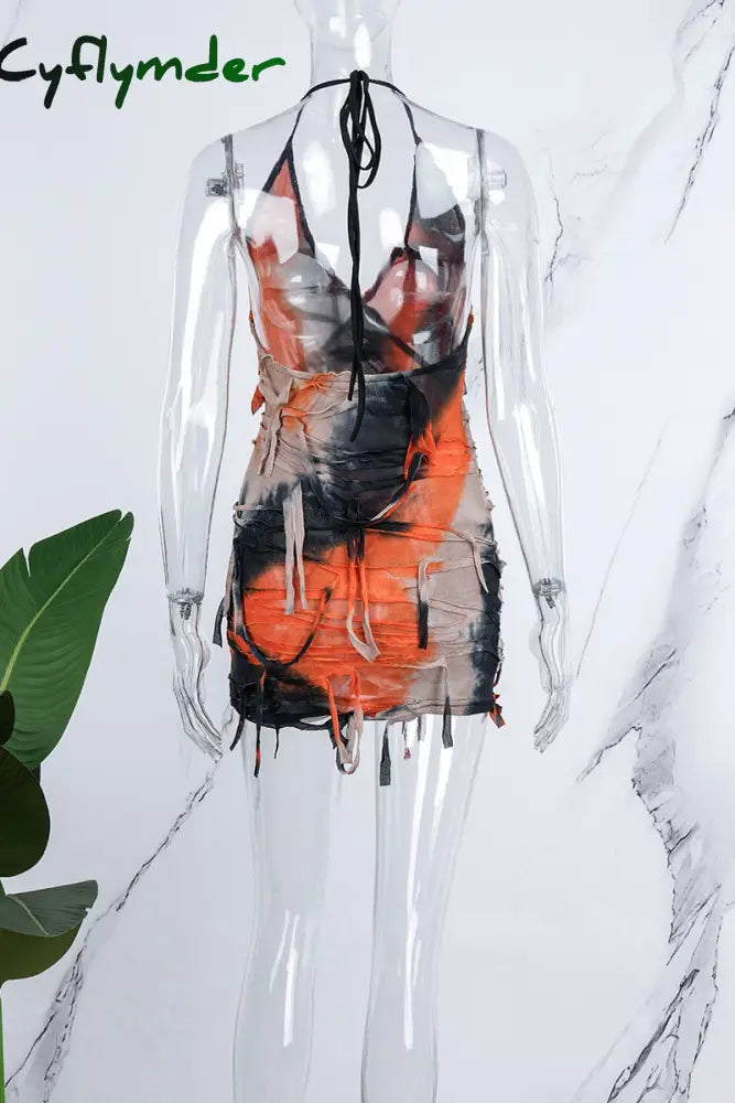 Cyflymder - Apricot Sexy Print Bandage Tie-Dye Backless Halter Sleeveless Dress Dresses