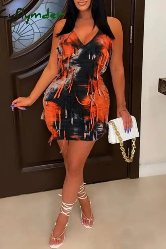 Cyflymder - Apricot Sexy Print Bandage Tie-Dye Backless Halter Sleeveless Dress Dresses