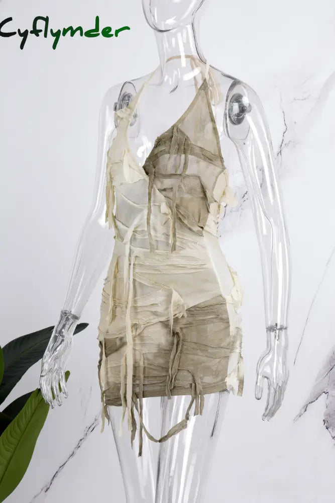 Cyflymder - Apricot Sexy Print Bandage Tie-Dye Backless Halter Sleeveless Dress Dresses