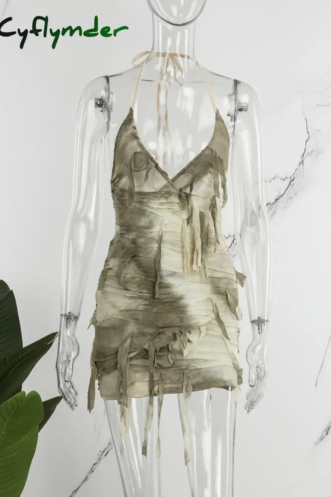 Cyflymder - Apricot Street Tie Dye Tassel Patchwork Backless One Step Skirt Dresses