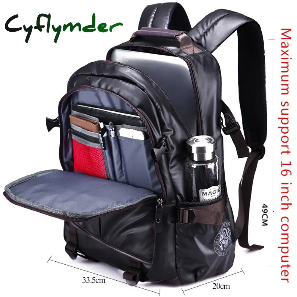 Cyflymder Artificial Leather Backpacks Men Black Waterproof Laptop Backpack For Male School Travel