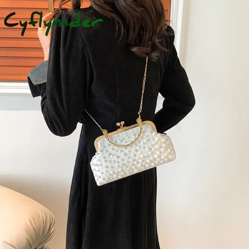 Cyflymder Artificial Pearl Diamond Inlaid Shoulder Bag Metal Chain Messenger Bag Lady Banquet Shell Bag Fashion Evening