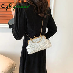 Cyflymder Artificial Pearl Diamond Inlaid Shoulder Bag Metal Chain Messenger Bag Lady Banquet Shell Bag Fashion Evening