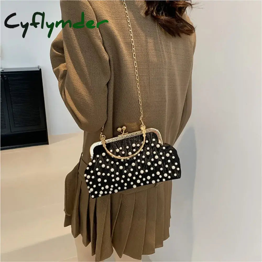 Cyflymder Artificial Pearl Diamond Inlaid Shoulder Bag Metal Chain Messenger Bag Lady Banquet Shell Bag Fashion Evening