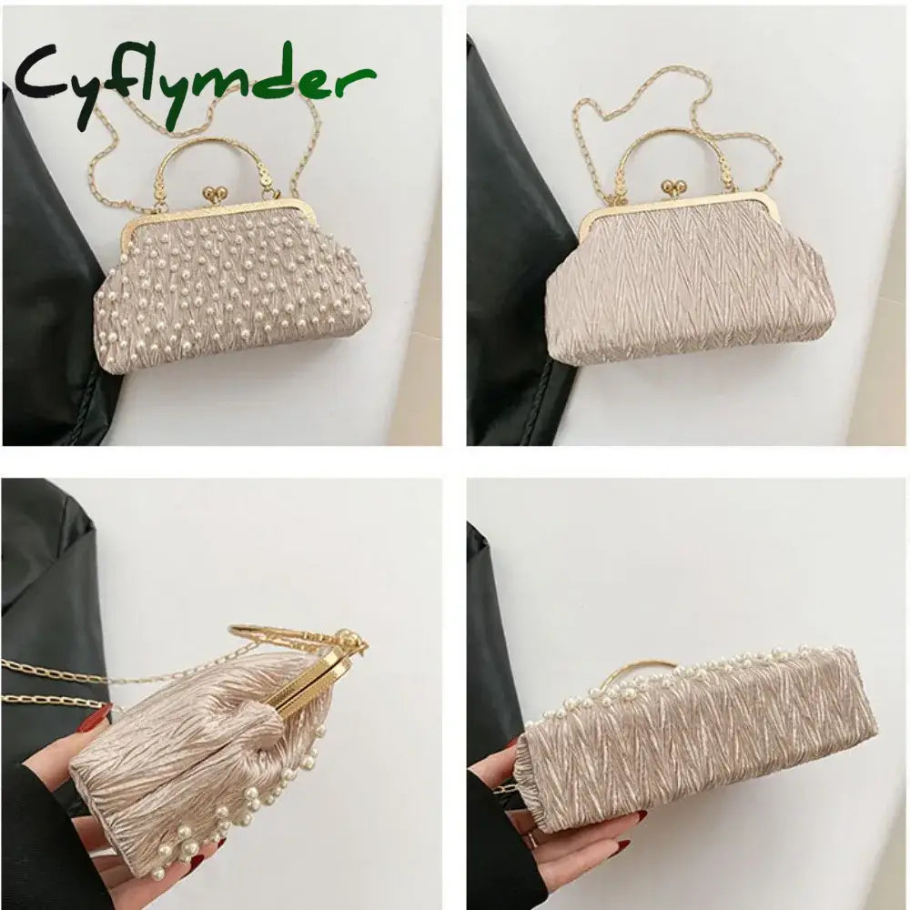 Cyflymder Artificial Pearl Diamond Inlaid Shoulder Bag Metal Chain Messenger Bag Lady Banquet Shell Bag Fashion Evening