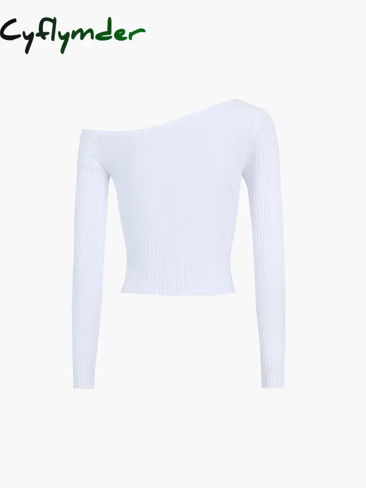 Cyflymder - Asymmetric Off Shoulder Rib Long Sleeve Top Knit Tops