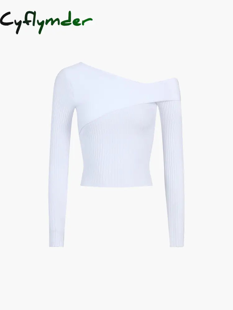 Cyflymder - Asymmetric Off Shoulder Rib Long Sleeve Top Knit Tops