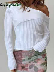 Cyflymder - Asymmetric Off Shoulder Rib Long Sleeve Top White / S Knit Tops