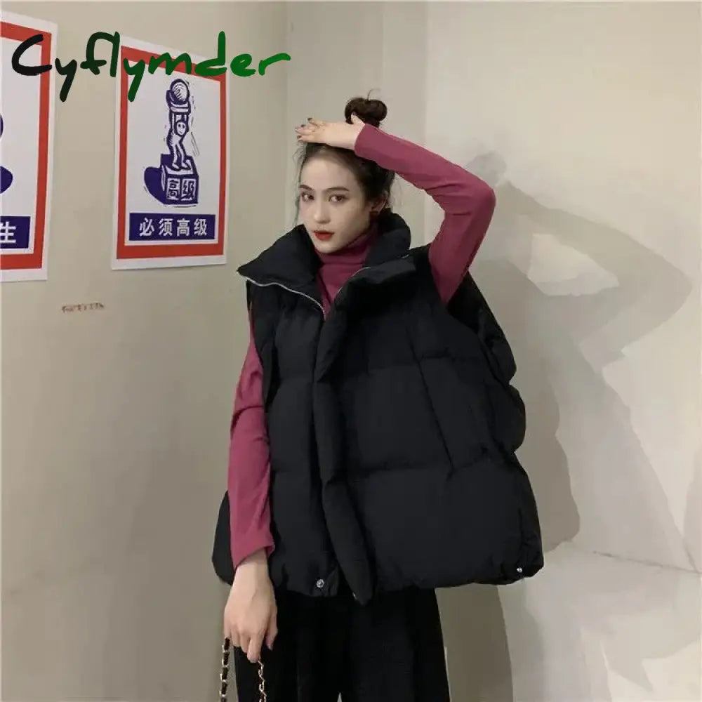 Cyflymder Autumn and Winter Stand Collar Vest Women Fashion Pocket Retro Cotton Jacket Ladies Elegant Casual Zipper