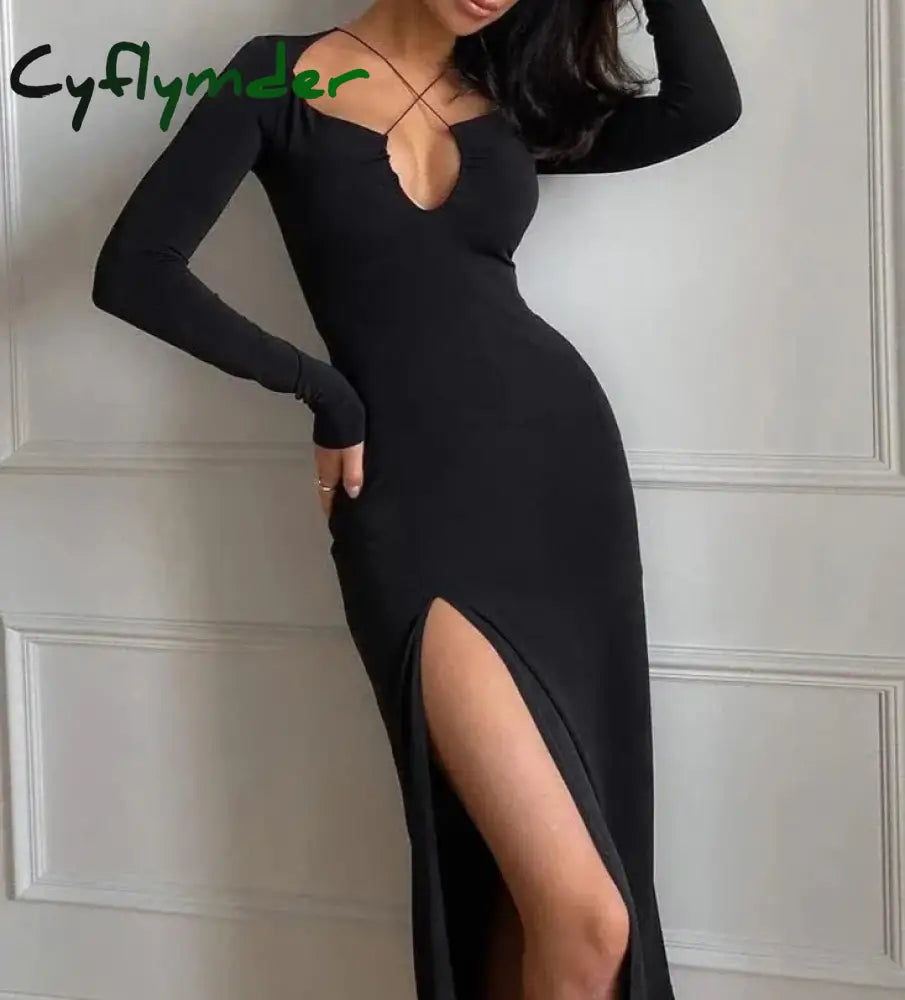 Cyflymder Autumn Crossed Cleavage Maxi Dress Women Concise Side Spilt Elegant Vestido Lady High