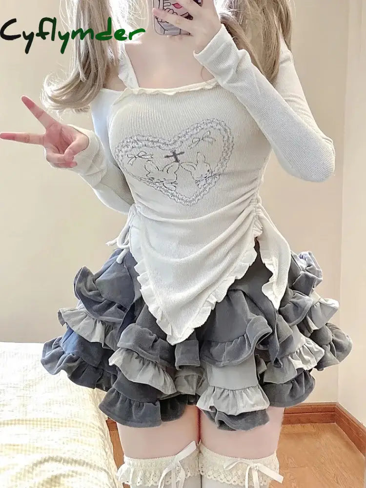 Cyflymder Autumn Japanese Kawaii Two Piece Set Women Sweet Rabbit Print Cute Skirt Suit Female