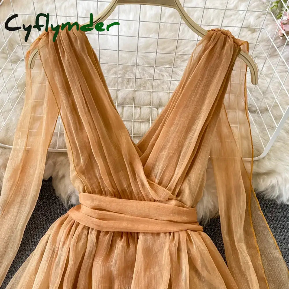 Cyflymder Autumn Khaki/White Bandage Chiffon Long Dress Sexy Deep V-Neck Sleeveless High Waist