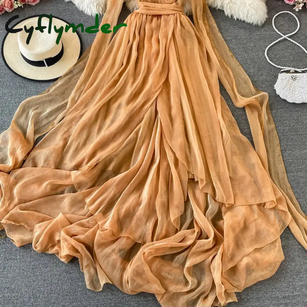 Cyflymder Autumn Khaki/White Bandage Chiffon Long Dress Sexy Deep V-Neck Sleeveless High Waist