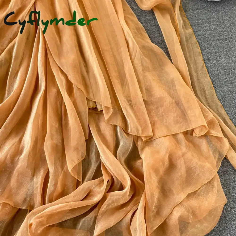 Cyflymder Autumn Khaki/White Bandage Chiffon Long Dress Sexy Deep V-Neck Sleeveless High Waist