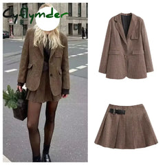 Cyflymder Autumn New Loose And Slim Suit Coat Leather Buckle Decoration Wide Pleated Skirt Pants