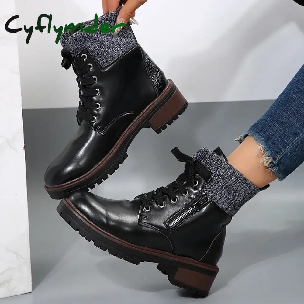 Cyflymder Autumn New Patent Leather Thick Heel Ankle Boots Womens Thickening Warm Western Boots Fashion Boots Woman
