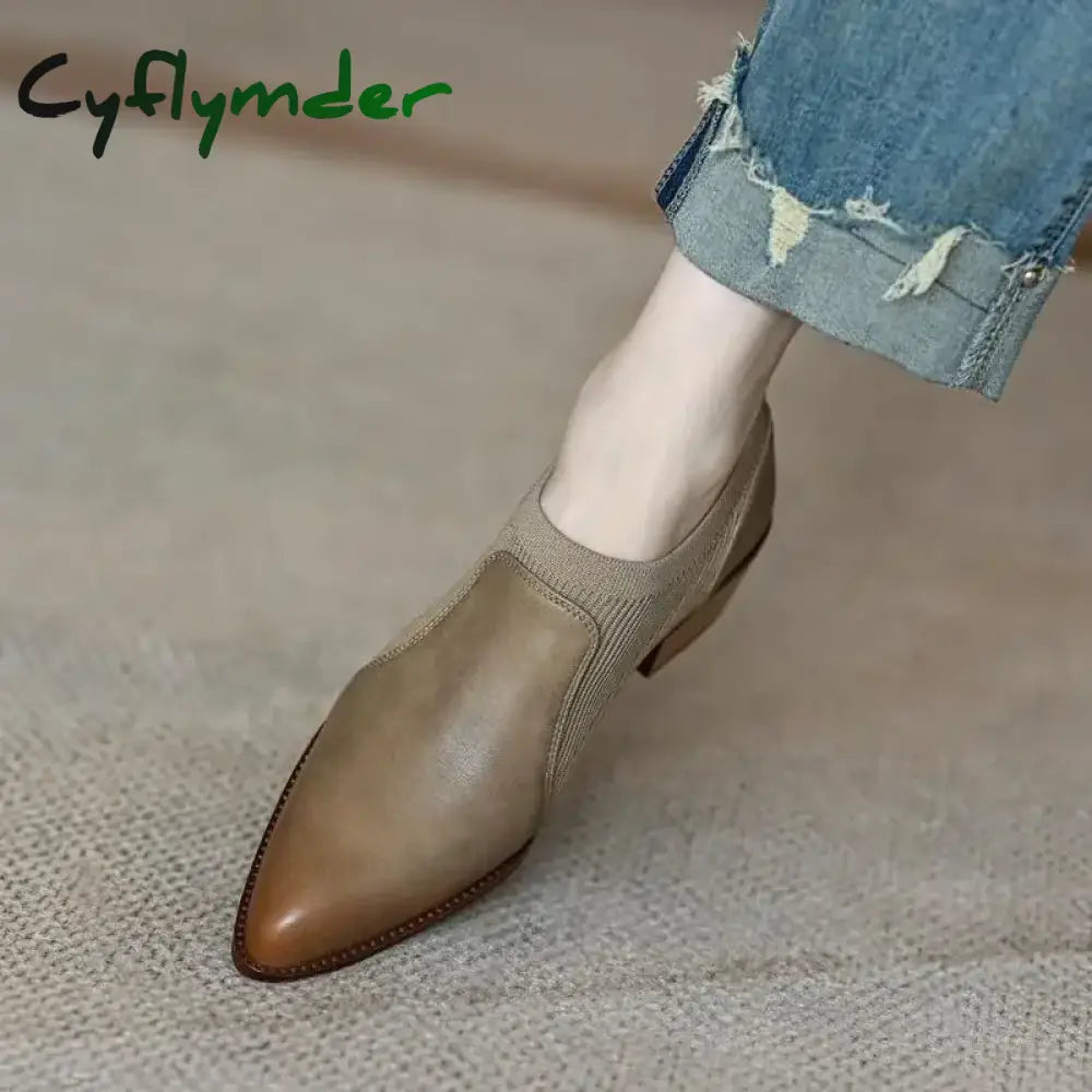Cyflymder Autumn New Soft Work Shoes Women Mid Heels Stretch Pointed Toe Slip On Brown Khaki