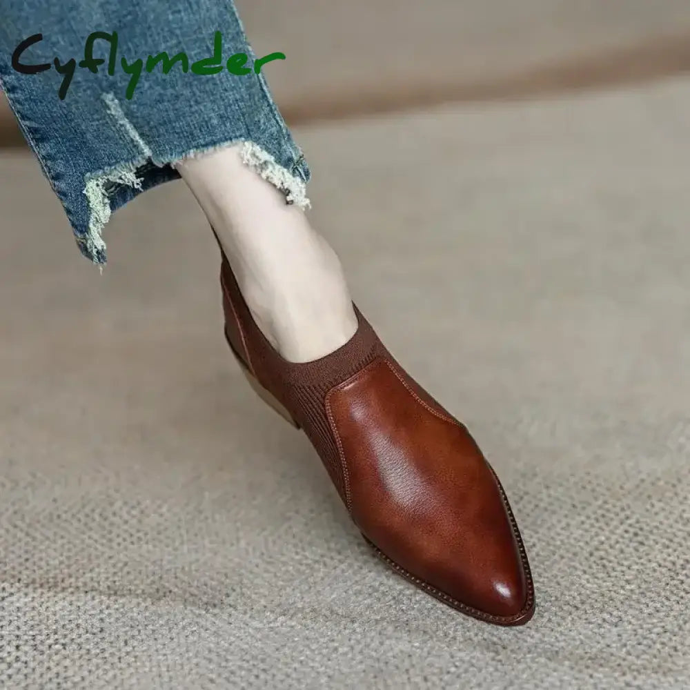 Cyflymder Autumn New Soft Work Shoes Women Mid Heels Stretch Pointed Toe Slip On Brown Khaki