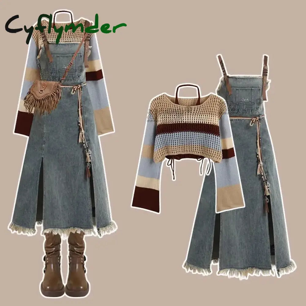 Cyflymder Autumn New Vintage Denim Skirt Matching Set Women’s Elegant Loose Hollow Knitted Shirt + Sexy Split Dress Two