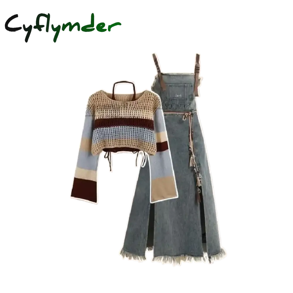 Cyflymder Autumn New Vintage Denim Skirt Matching Set Women’s Elegant Loose Hollow Knitted Shirt + Sexy Split Dress Two