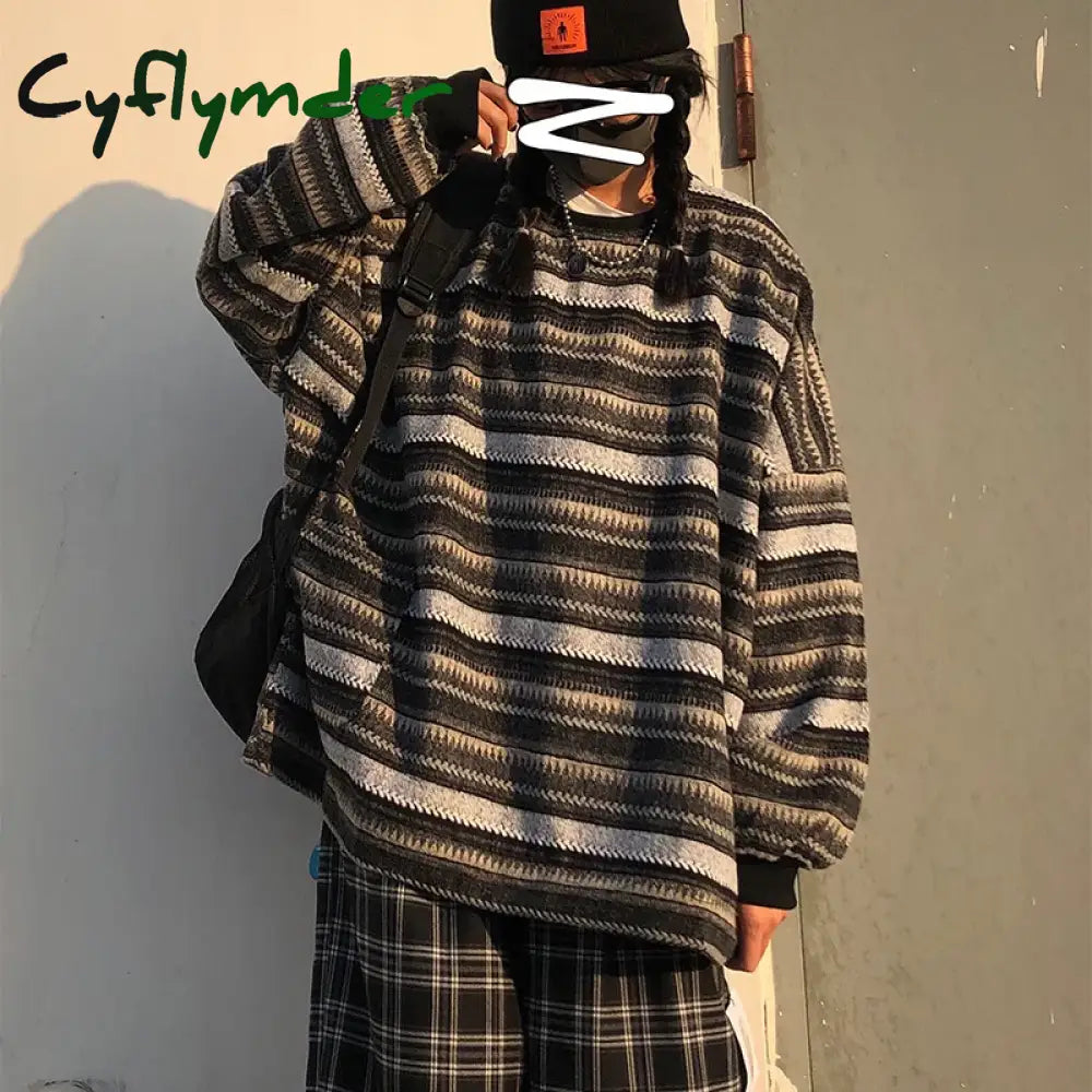 Cyflymder Autumn Pullover Women Vintage Striped Oversize Sweater Long Sleeve Knitted Tops Hip Hop