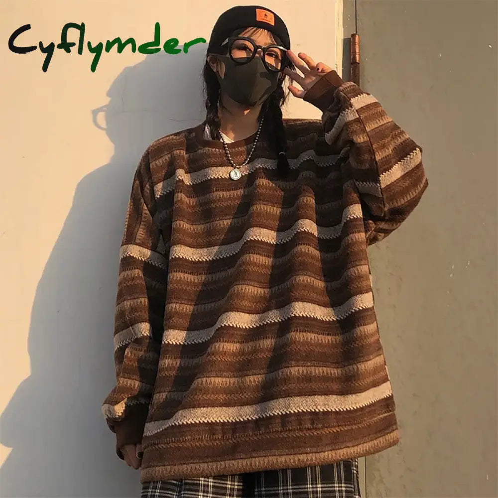 Cyflymder Autumn Pullover Women Vintage Striped Oversize Sweater Long Sleeve Knitted Tops Hip Hop