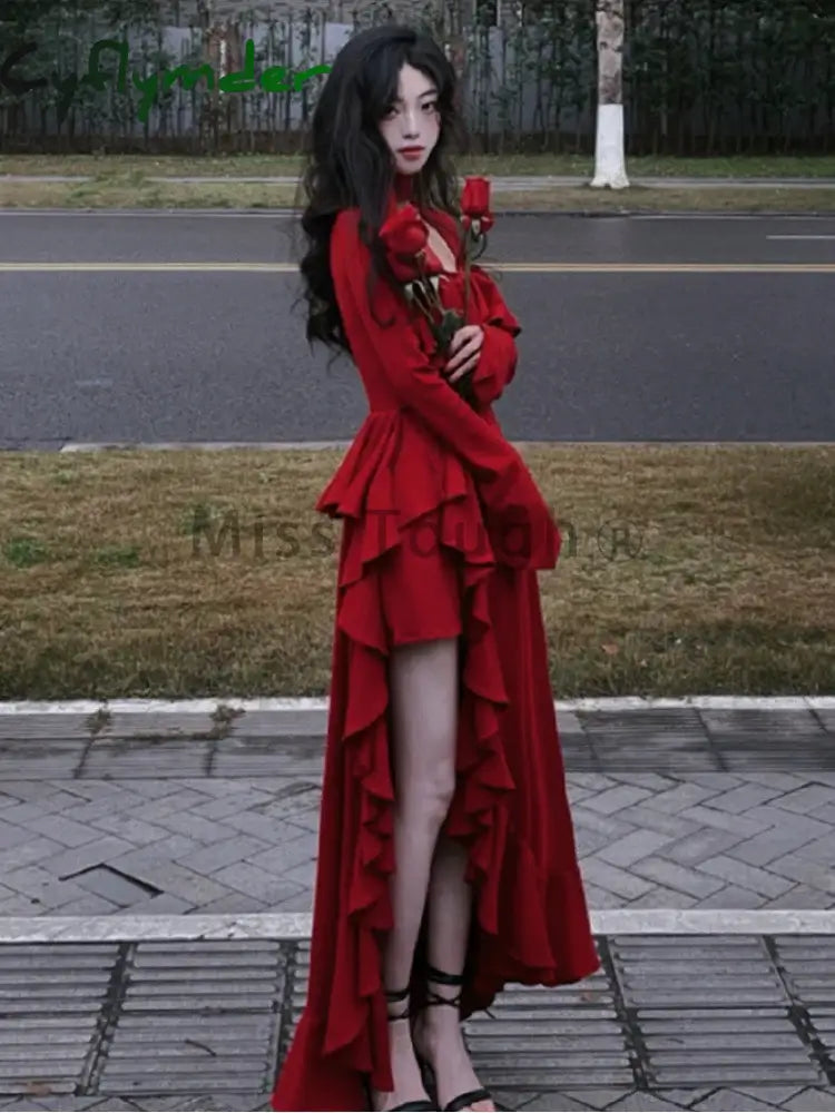 Cyflymder Autumn Red Vintage Elegant Dress Women Flare Sleeve Designer Sweet Long Female Ruffles