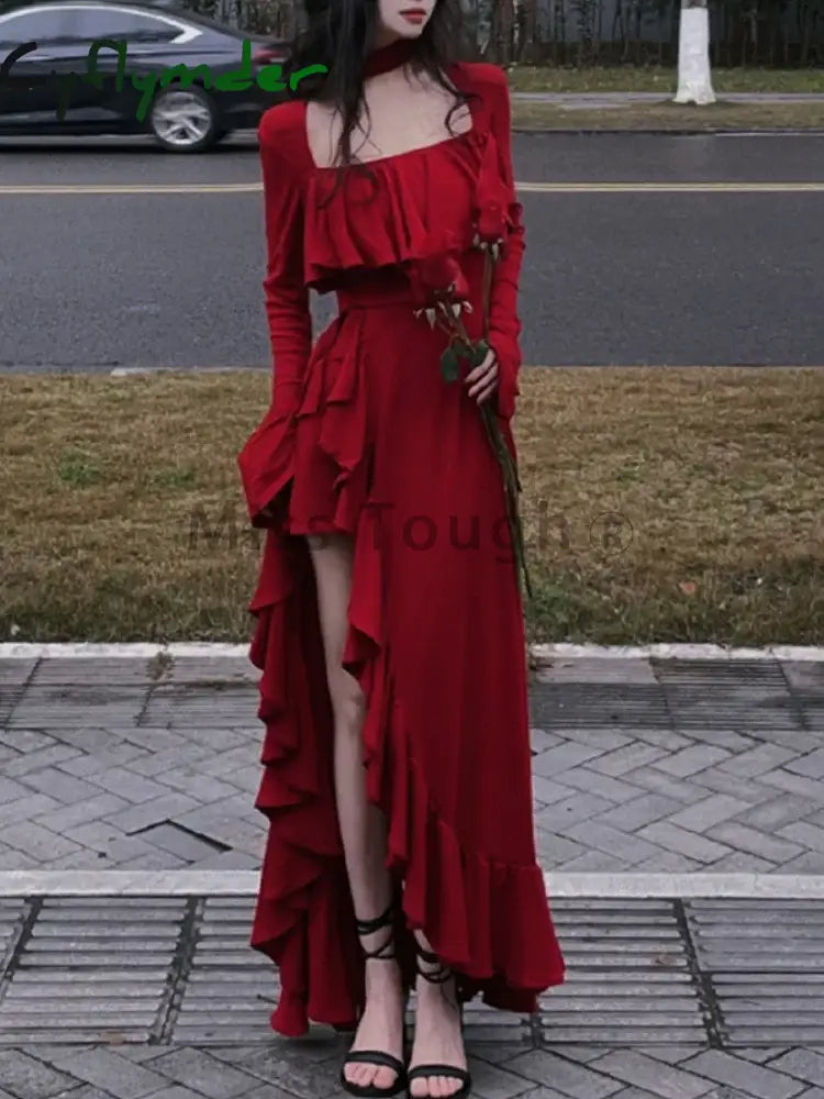 Cyflymder Autumn Red Vintage Elegant Dress Women Flare Sleeve Designer Sweet Long Female Ruffles