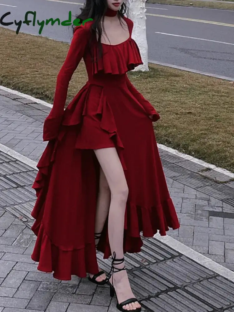 Cyflymder Autumn Red Vintage Elegant Dress Women Flare Sleeve Designer Sweet Long Female Ruffles