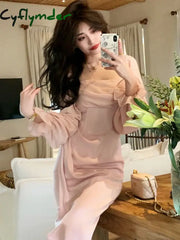 Cyflymder Autumn Solid Elegant Fairy Dresses Women Casual Party Fashion Korean One Piece Dress