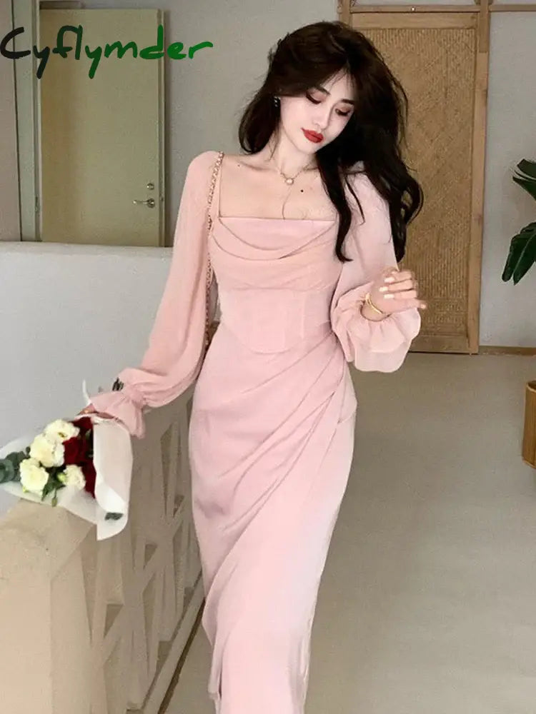 Cyflymder Autumn Solid Elegant Fairy Dresses Women Casual Party Fashion Korean One Piece Dress