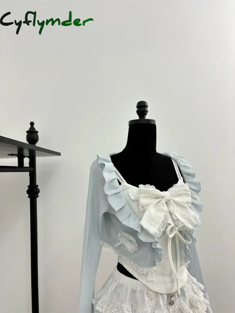 Cyflymder Autumn Sweet Kawaii 3 Piece Sets Women Lace Bow Tops + Cute Mini Skirt + Blue Chic Coat Female Korean Style