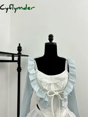 Cyflymder Autumn Sweet Kawaii 3 Piece Sets Women Lace Bow Tops + Cute Mini Skirt + Blue Chic Coat Female Korean Style