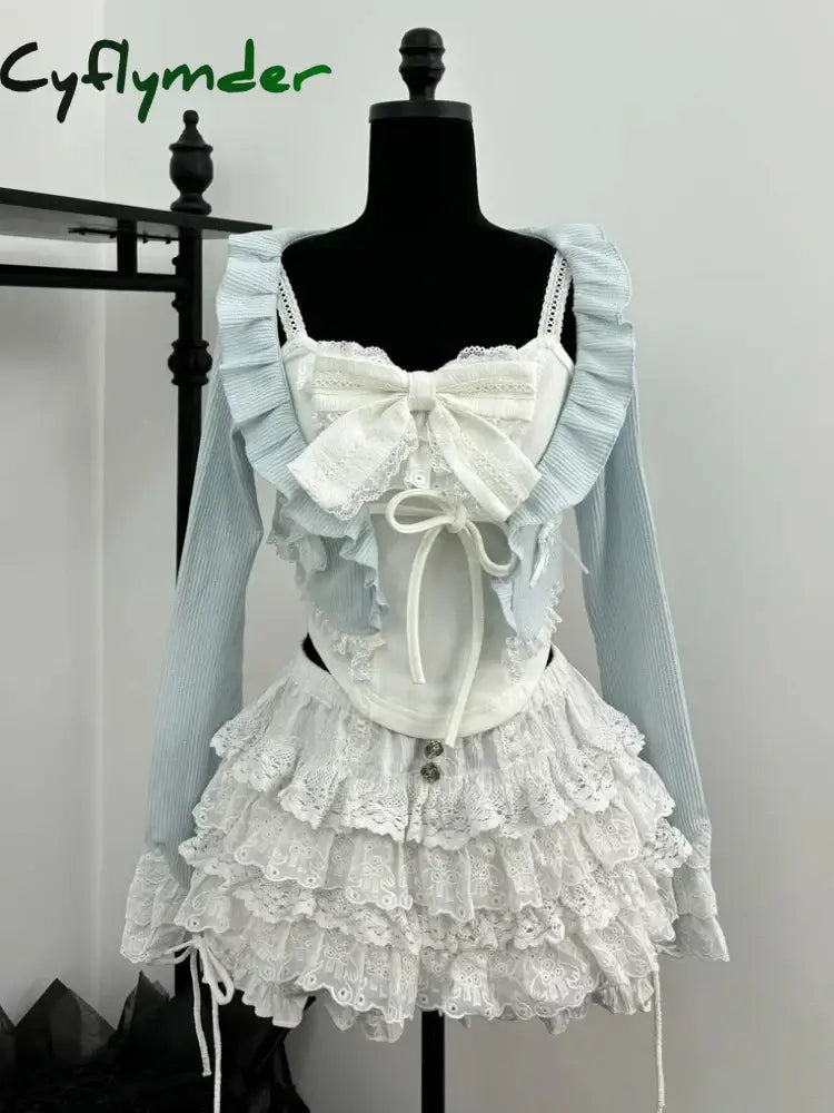 Cyflymder Autumn Sweet Kawaii 3 Piece Sets Women Lace Bow Tops + Cute Mini Skirt + Blue Chic Coat Female Korean Style