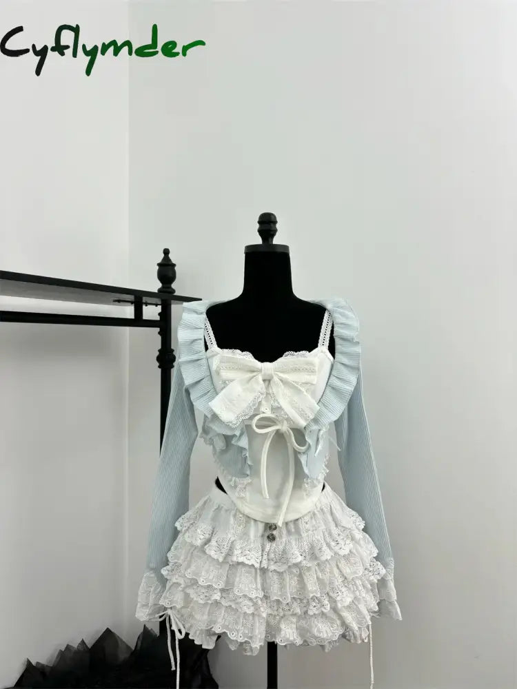 Cyflymder Autumn Sweet Kawaii 3 Piece Sets Women Lace Bow Tops + Cute Mini Skirt + Blue Chic Coat Female Korean Style