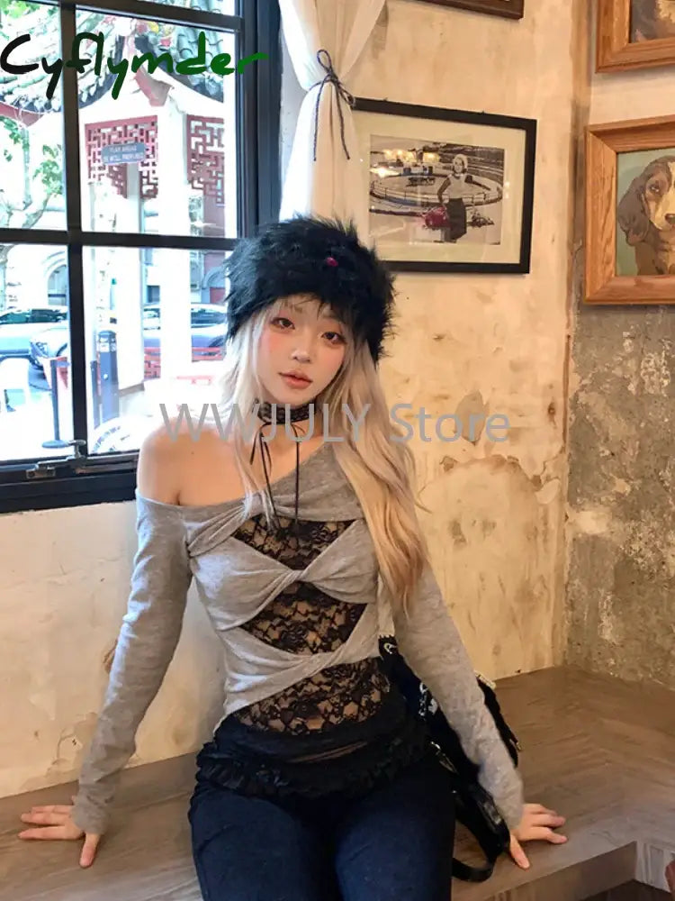 Cyflymder Autumn Sweet Lace Slim Tops Y2k E-Girls Kawaii Hollow Tops Long Sleeve Korean Fashion T Shirts Harajuku