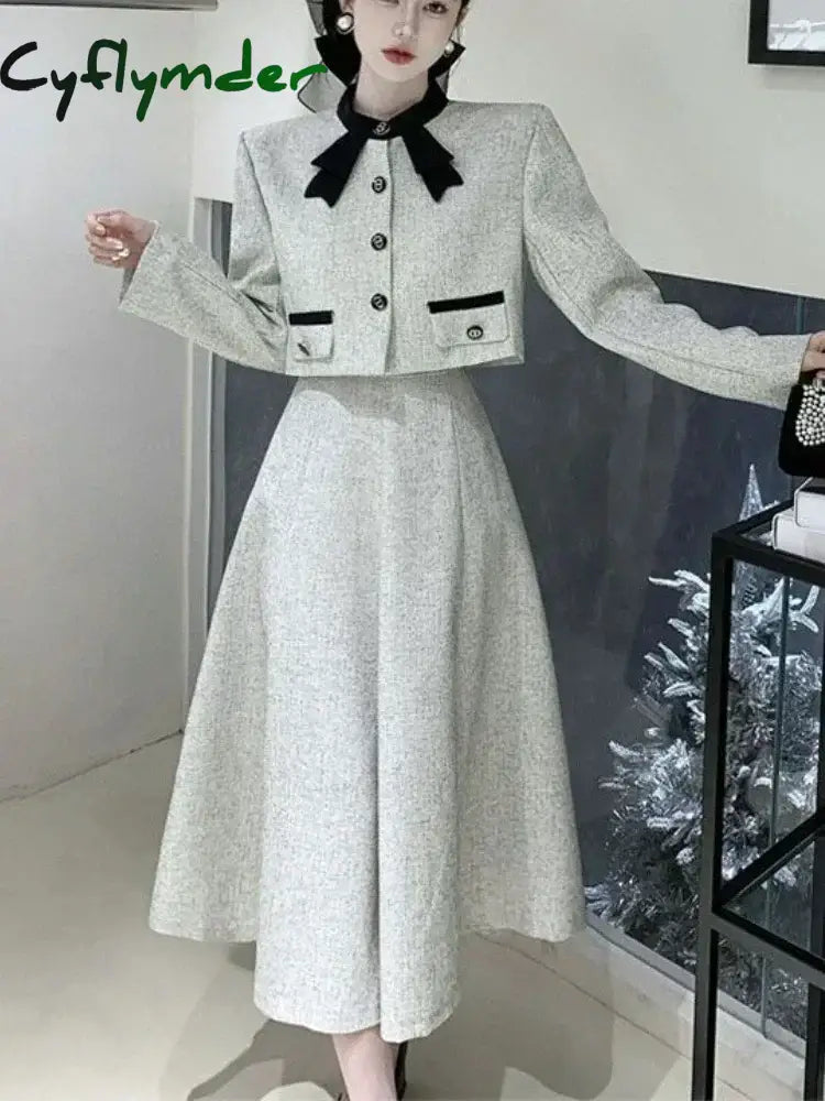 Cyflymder Autumn Vintage Elegant 2 Piece Dress Set Women Korean Fashion Casual Party Suits Female Chic Long Sleeve Tops