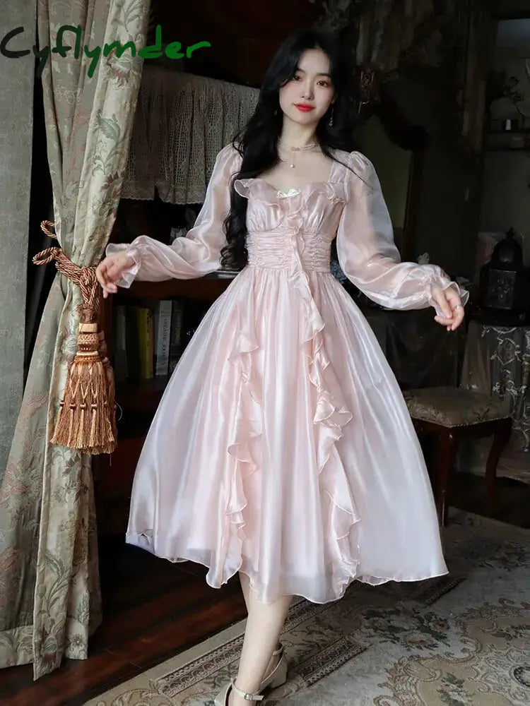 Cyflymder Autumn Vintage Party Midi Dress Women Pink Fairy Korean Style Sweet Female Bubble Sleeve