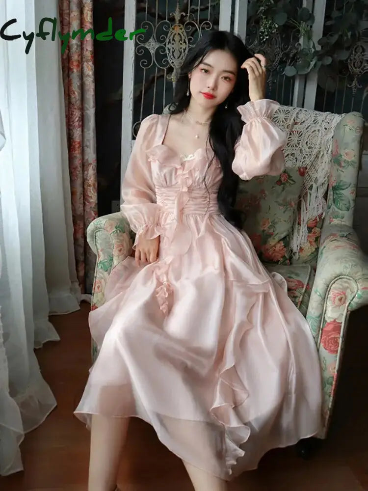 Cyflymder Autumn Vintage Party Midi Dress Women Pink Fairy Korean Style Sweet Female Bubble Sleeve