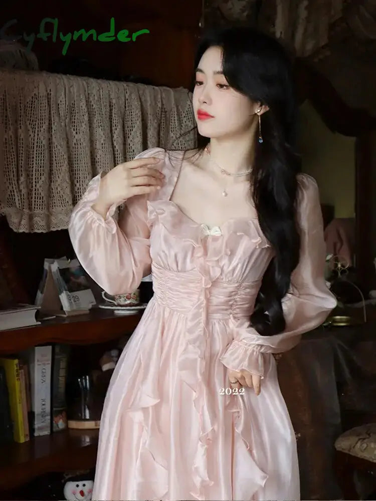 Cyflymder Autumn Vintage Party Midi Dress Women Pink Fairy Korean Style Sweet Female Bubble Sleeve