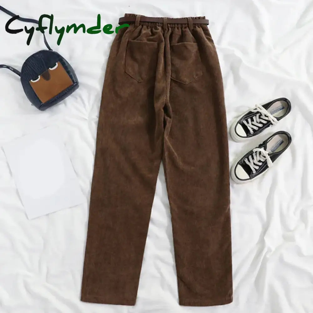 Cyflymder Autumn Winter Corduroy Pants Women Vintage Brown Streetwear Straight Trousers Female Fashion High Waist Wide